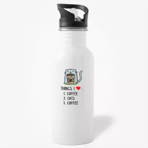 Things I Love - Funny Cute Cat Gift Water Bottle for a Cat and Coffee Lover