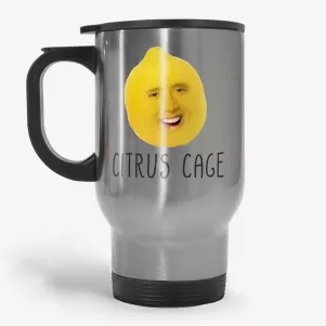 Citrus Cage, Funny Smiling Nicolas Cage Face Swap Travel Mug, gag gift, nick cage travel mug, coworker travel mug, best friend travel mug, crazy travel mugs, bff travel mugs