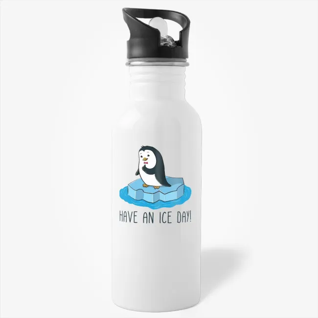 Have An Ice Day, funny penguin coffee water bottle, inspirational quote water bottle, gift for him, funny gifts, pun birthday water bottle, for penguin lover - Image 