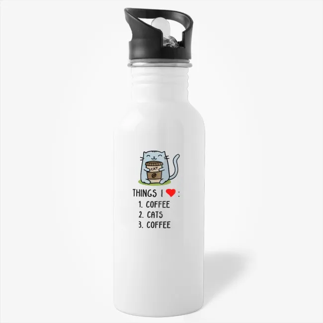 Things I Love - Funny Cute Cat Gift Water Bottle for a Cat and Coffee Lover - Image 