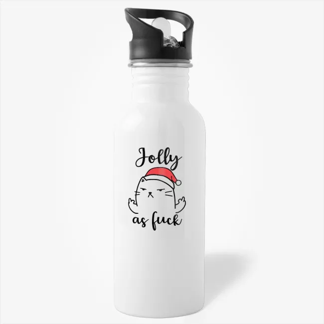 Jolly As F-ck, Funny Inappropriate Rude Cat Christmas Water Bottle - Image 