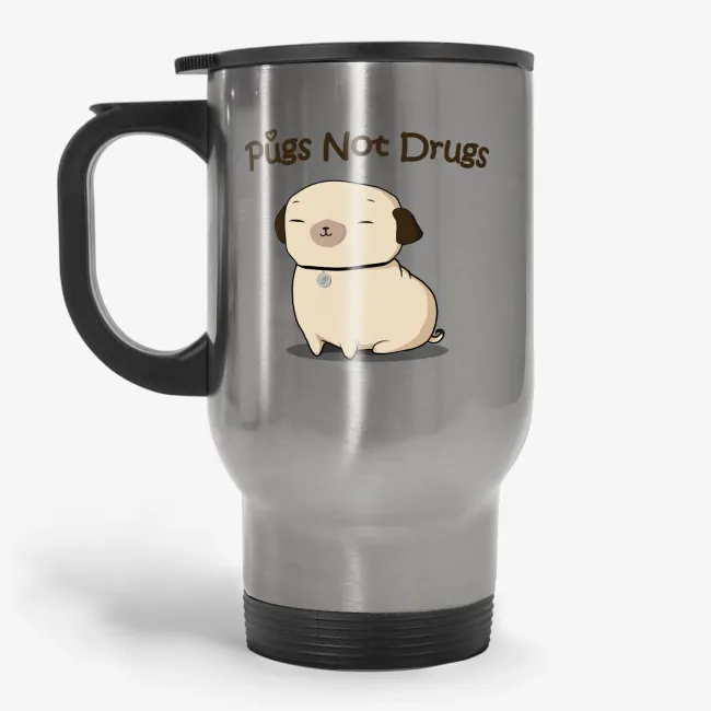 Pugs Not Drugs - 11oz dog lover coffee travel mug, pug life travel mug - Image 
