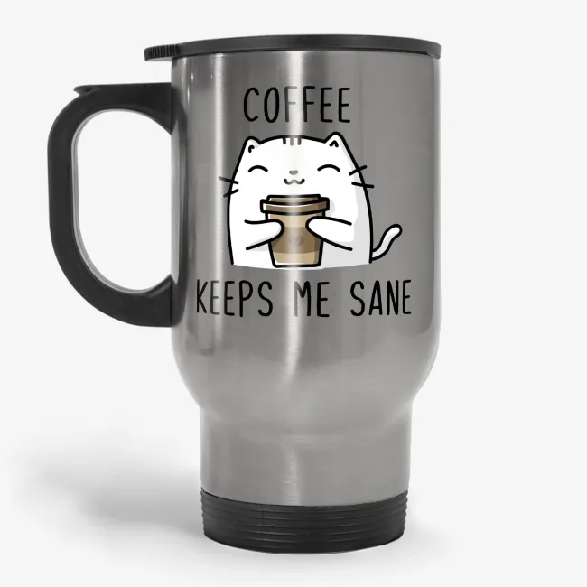 Coffee Keeps Me Sane, Cat And Coffee Lover Gift Travel Mug - Image 