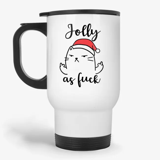 Jolly As F-ck, Funny Inappropriate Rude Cat Christmas Travel Mug - Image 