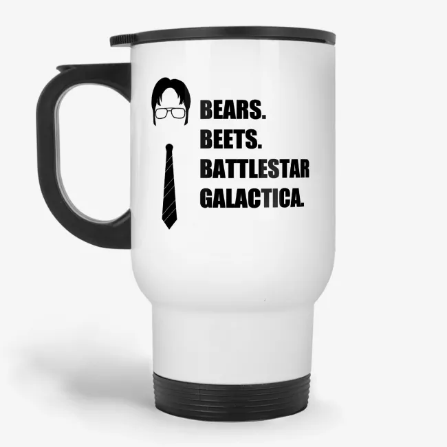 Bears, Beats, Battlestar Galactica - Funny "The Office" Travel Mug - Image 