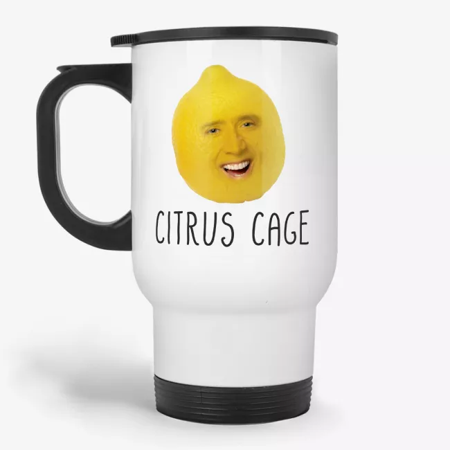 Citrus Cage, Funny Smiling Nicolas Cage Face Swap Travel Mug, gag gift, nick cage travel mug, coworker travel mug, best friend travel mug, crazy travel mugs, bff travel mugs - Image 