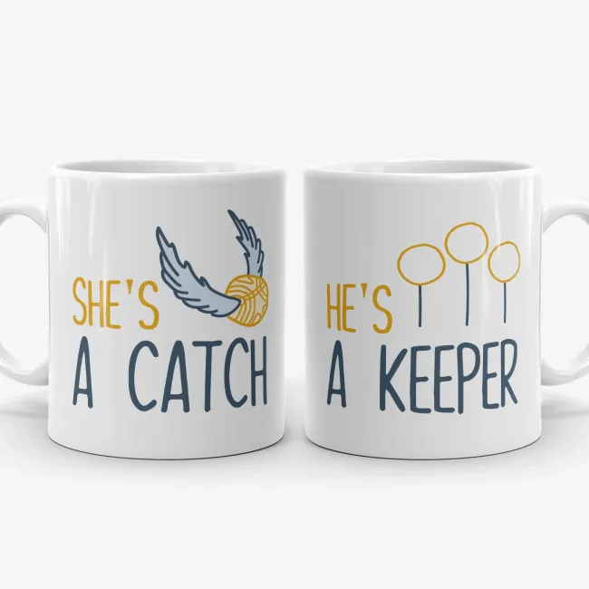 She's a Catch, He's a Keeper - Couple Gift Mug Set Inspired By Harry Potter - Image 